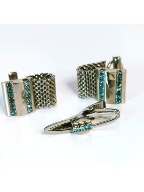 Vintage Blue Rhinestone Silver Tone Mesh Cufflinks & Tie Clip Set Mid Century